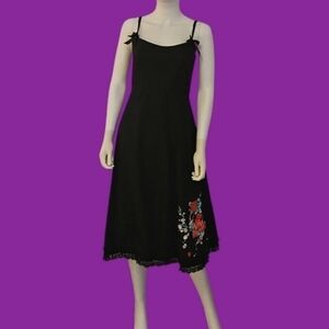 LUCKY 13 Retro Black Floral Lace Spaghetti Bow Strap Pin-up Rockabilly Dress